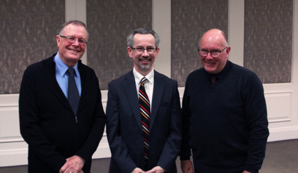 Photo of two past Deans/CEOs (Rev’d Dr Mark Harding and Rev’d Dr Martin Sutherland) with the current Vice-Chancellor, Prof James Dalziel