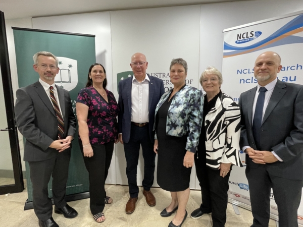 From Left:  Professor James Dalziel (Vice-Chancellor, AUT), Associate Professor Edwina Murphy (Deputy Vice-Chancellor Research, AUT), General (Retd) David Hurley (Chancellor, AUT), Professor Ruth Powell, (NCLS Director), Susan King (NCLS Board), Dr Sam Sterland (NCLS Researcher)
